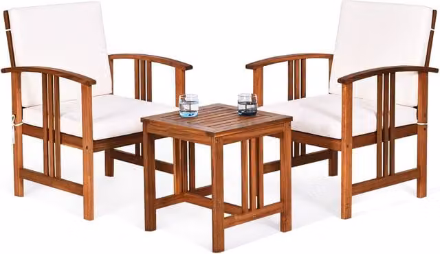 Gymax 3-Piece Outdoor Acacia Wood Sofa Set with White Upholstered Cushions – 1