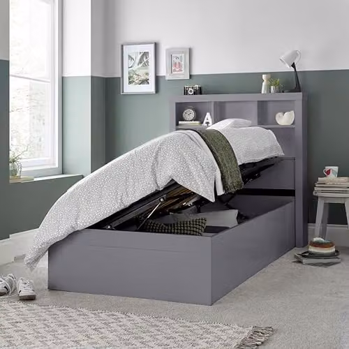 Bedmaster Oscar Grey and White Wooden Bookcase Ottoman Storage Bed with Lift Up Base, 90 x 190 cm – 2
