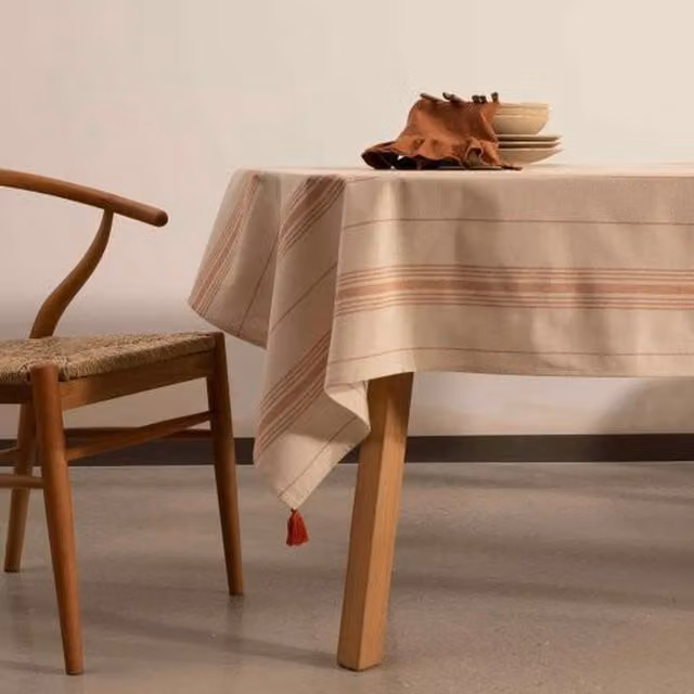 The Mia UK Rectangular Half Linen Tablecloth in Beige and Brown