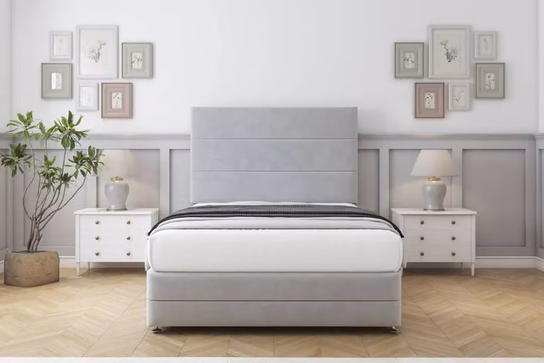 Sloomy Monaco Plush Divan Set in Silver with 26 inch Headboard and Footboard, King Size, W/D/H: 180 x 200 cm