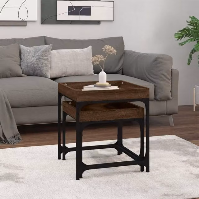 Berkfield Home Set of 2 Brown Oak Nesting Side Tables with Metal Legs – 1