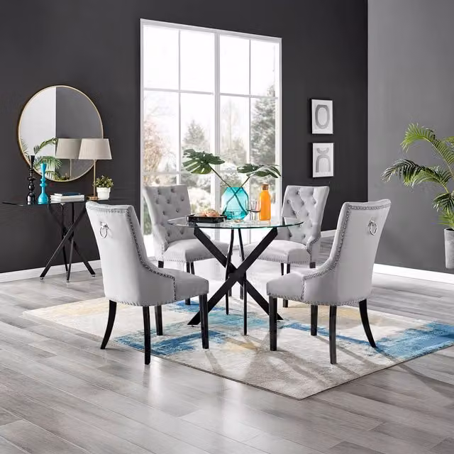 FurnitureboxUK Leonardo Grey Glass Dining Table with 4 Belgravia Black Leg Chairs, W: 120 cm, D: 70 cm, H: 75 cm