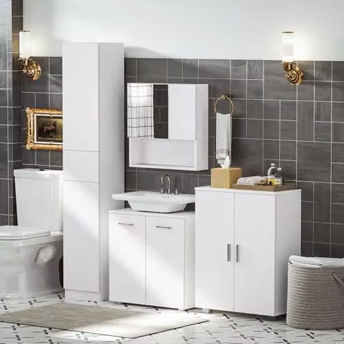 kleankin Wall-Mounted White Glossy Bathroom Mirror Cabinet with Double Hinged Doors and Internal Shelves W/D/H: 55 x 11.5 x 54 cm – 2