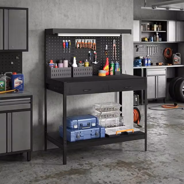 HOMCOM Black Steel Workbench with Pegboard and Power Strip, Width: 110 cm