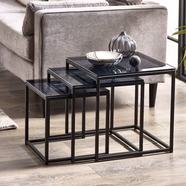 Julian Bowen Chicago Nest of 3 Tables with Smoked Glass Tops in Black