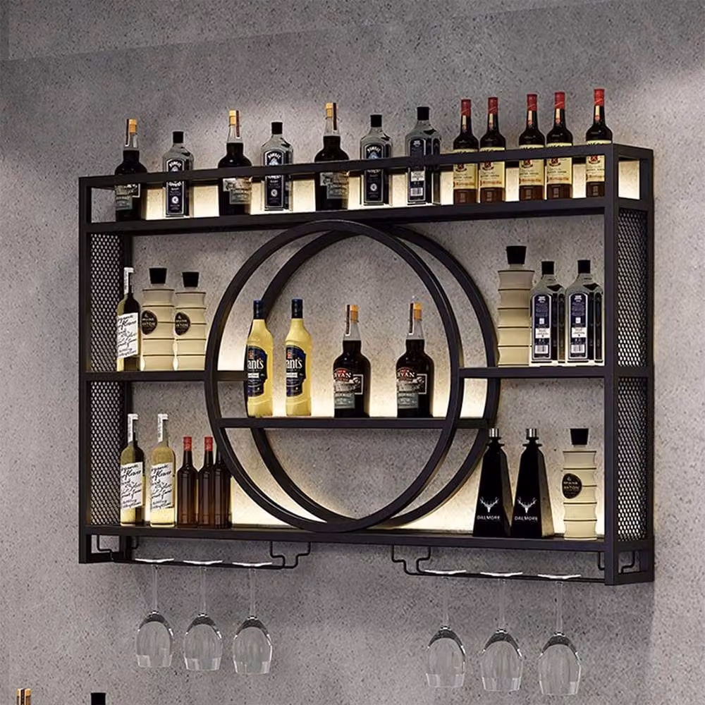 FORGEVIO L-Industrial Wall Mounted Wine Rack Cabinet with Glass Holder in Matt Black Metal – 3