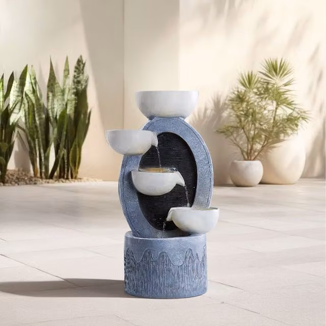 Lifeideas Modern Solar Tiered Bowl Fountain with LED Lights in Grey, Diameter: 30 cm