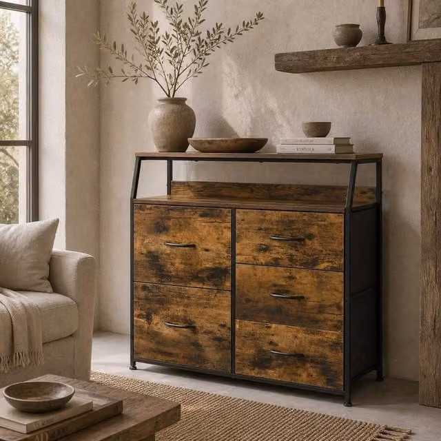 Wyld Haus Rasozi 5 Drawer Industrial Storage Chest in Rustic Brown and Black