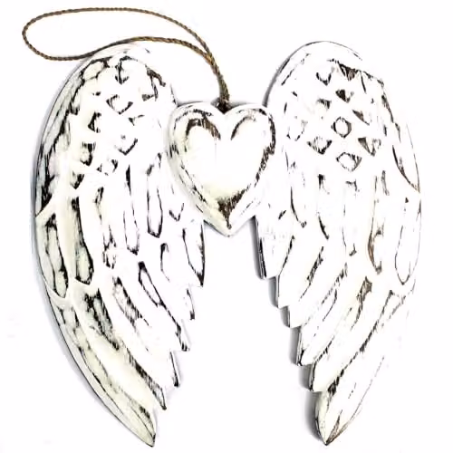 KDMD Handcrafted Double Angel Wing and Heart Wall Decoration in White Wood, Height: 24 cm