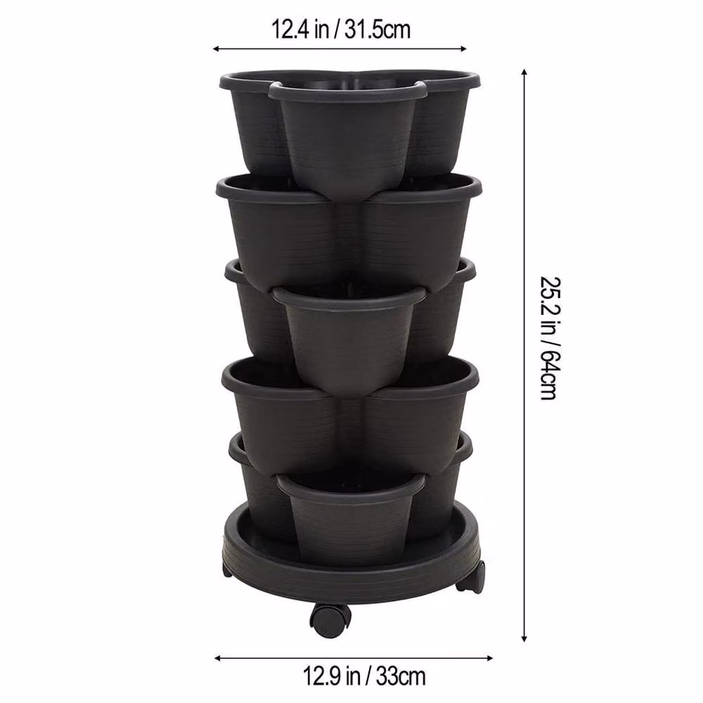 EONLION 5 Tier Vertical Planter Tower with Saucer in Black Plastic, H 64.0 cm x W 33.0 cm – 2