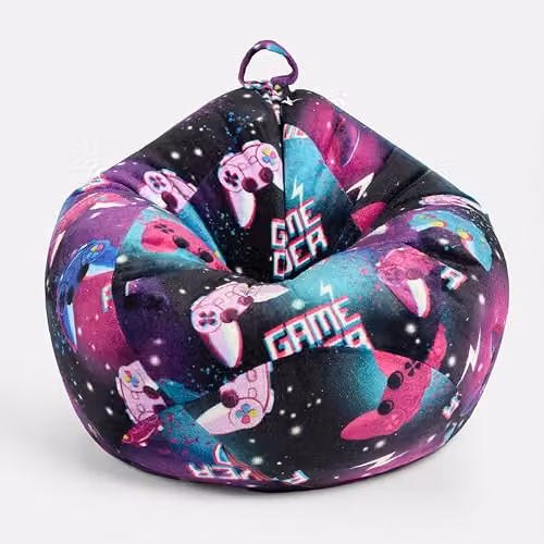 OHS Kids Purple Cord Fabric Bean Bag Chair with Abstract Gaming Print and Removable Cover – 2