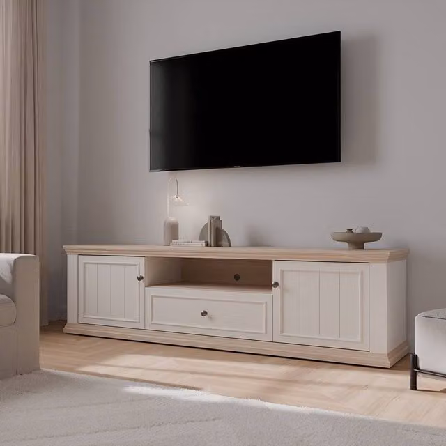 Furniture To Go Pontypool Wide TV Unit in White and Oak with 2 Doors, Drawer and Open Shelf – 1
