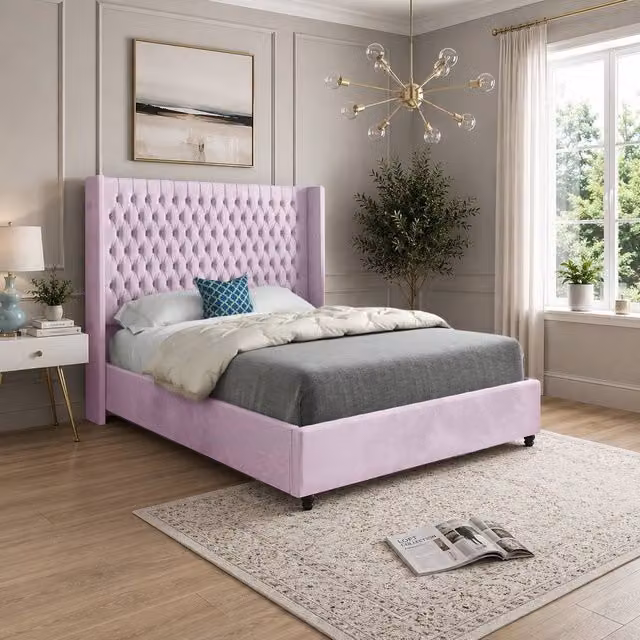 Casani Tibenham Upholstered Pink Velvet Designer Bed Frame, W/D/H: 144 x 137 x 200 cm