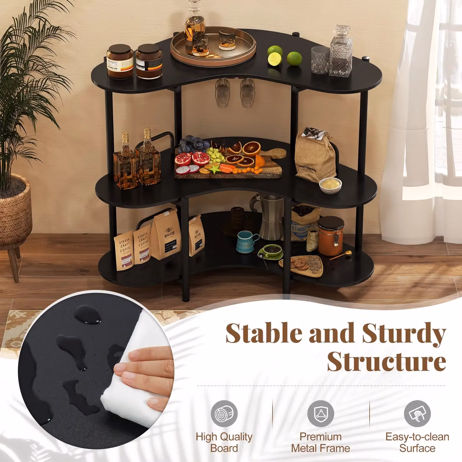 Gymax 3-Tier Industrial Corner Bar Unit with Wine Glass Holder in Black – 6