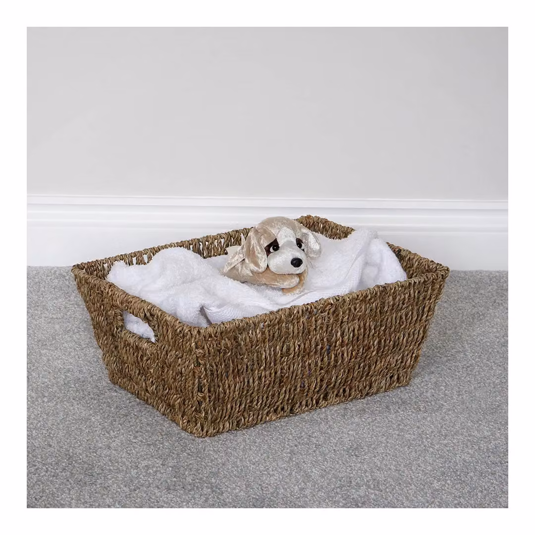 JVL Set of 6 Large Hand Woven Seagrass Rectangular Storage Baskets with Handles, Beige and Brown, H: 16 cm x W: 38 cm x D: 29 cm – 5