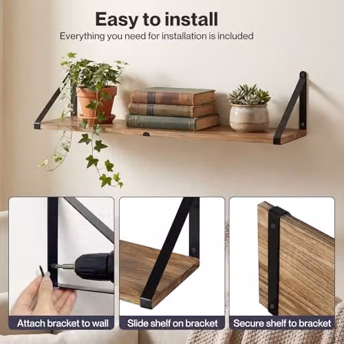 Levede Set of 3 Modular Floating Wall Shelves in Wood and Metal, W/D/H: 80 x 20 x 18 cm – 3