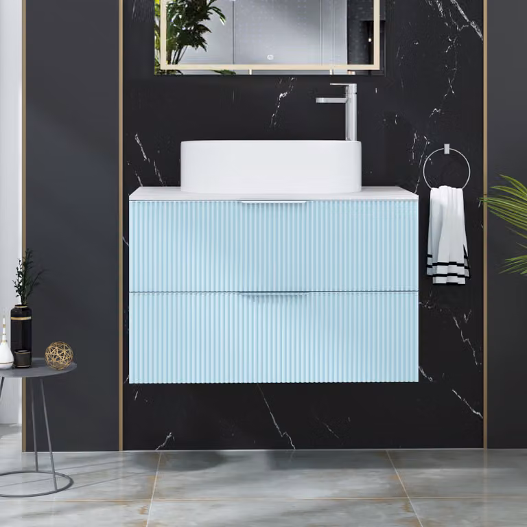 Royal Bathrooms Evora 800mm Powder Blue Fluted Wall Hung Vanity Unit with 2 Drawers and Peak Basin