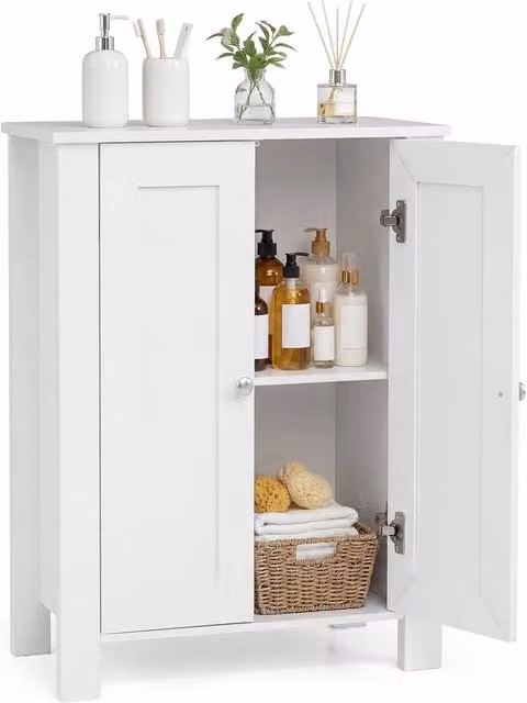 Costway Modern White Wooden Bathroom Floor Cabinet with Double Hinged Doors and Internal Shelves – 1