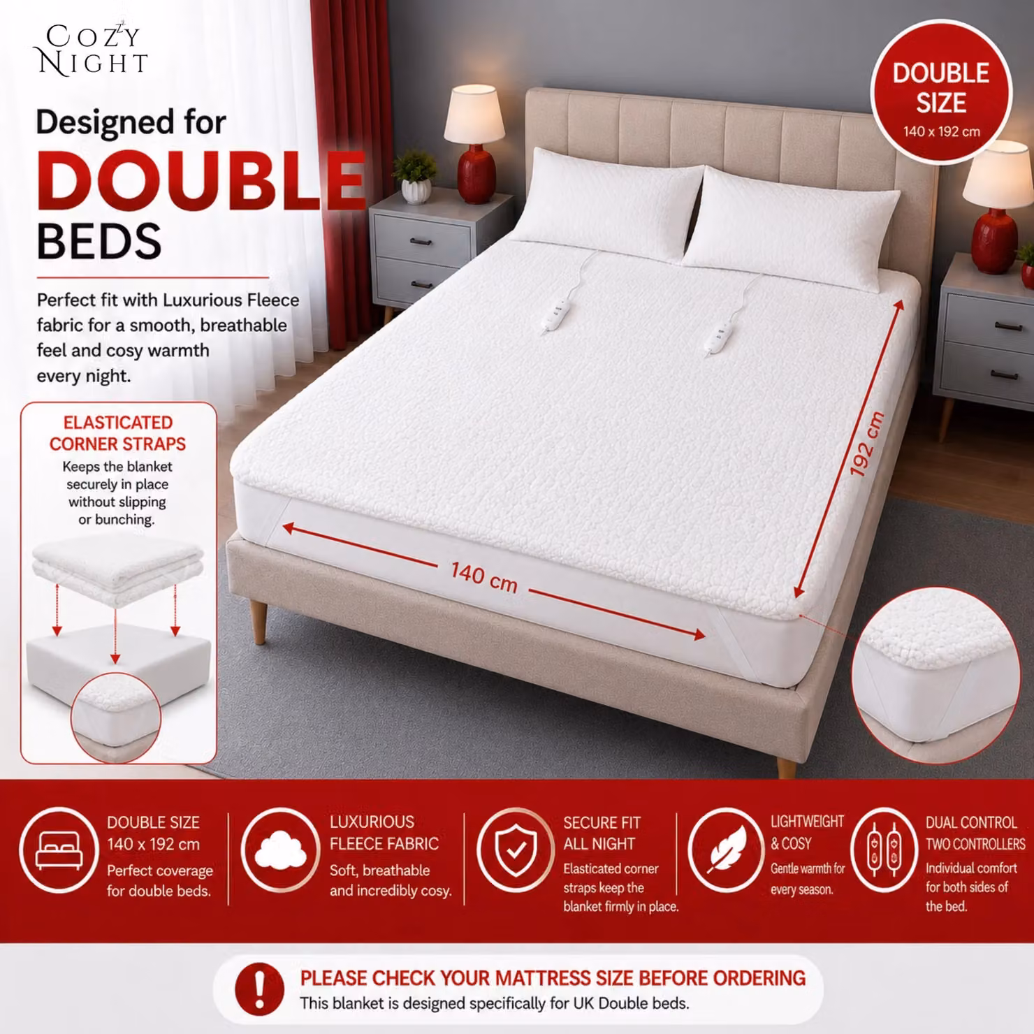 Cozy Night Double Bed Size Fleece Heated Mattress Cover in White, W/D/H: 140 x 200 cm – 2