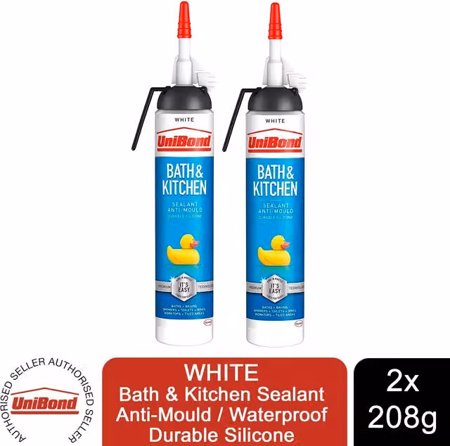 UniBond Mould Resistant White Silicone Sealant for Bath and Kitchen, 208g (Pack of 2)