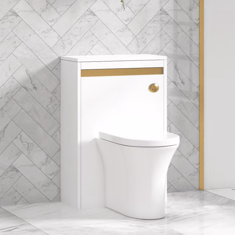 Royal Bathrooms Orion Wall Mounted Matt White WC Unit with Breeze Rimless Toilet Pan, Seat and Cistern with Brushed Brass Accent Trim, Width: 54 cm