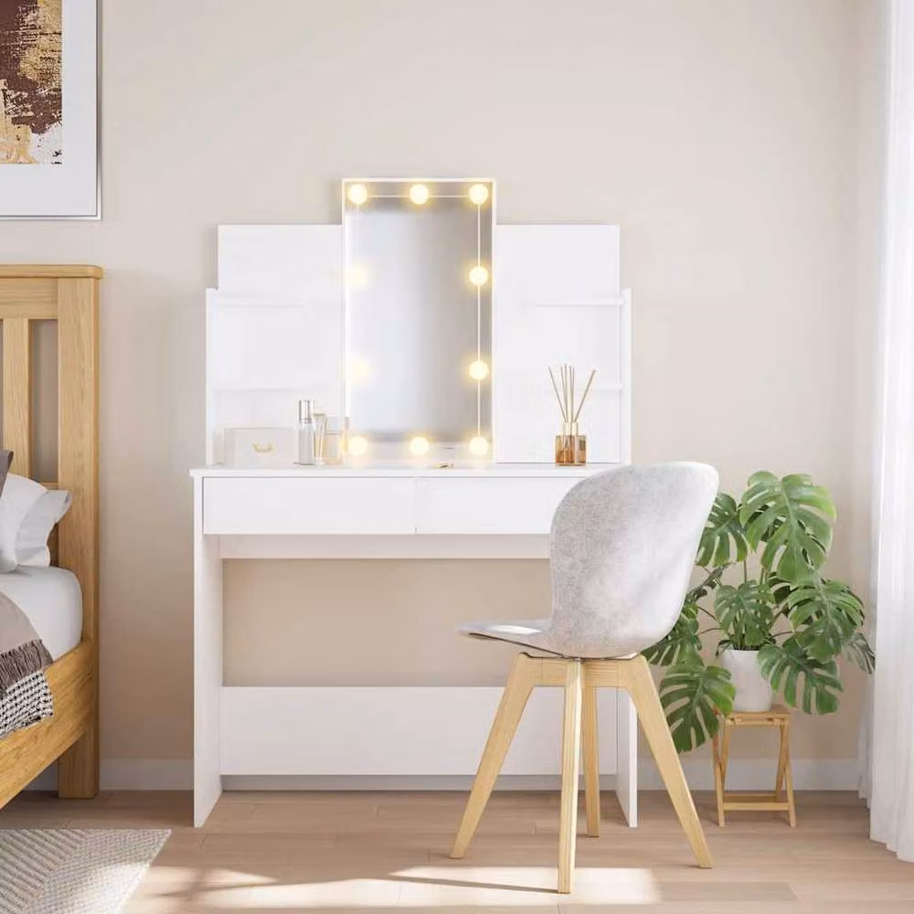 Berkfield Home White Dressing Table with Hollywood LED Lights, W: 96 cm, D: 40 cm, H: 142 cm – 2