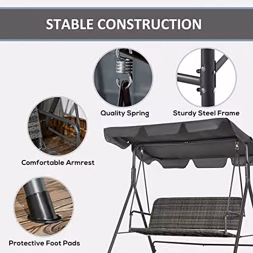 Outsunny 3-Seater Outdoor PE Rattan Swing Chair with Adjustable Canopy and Powder Coated Steel Stand, Grey – 5