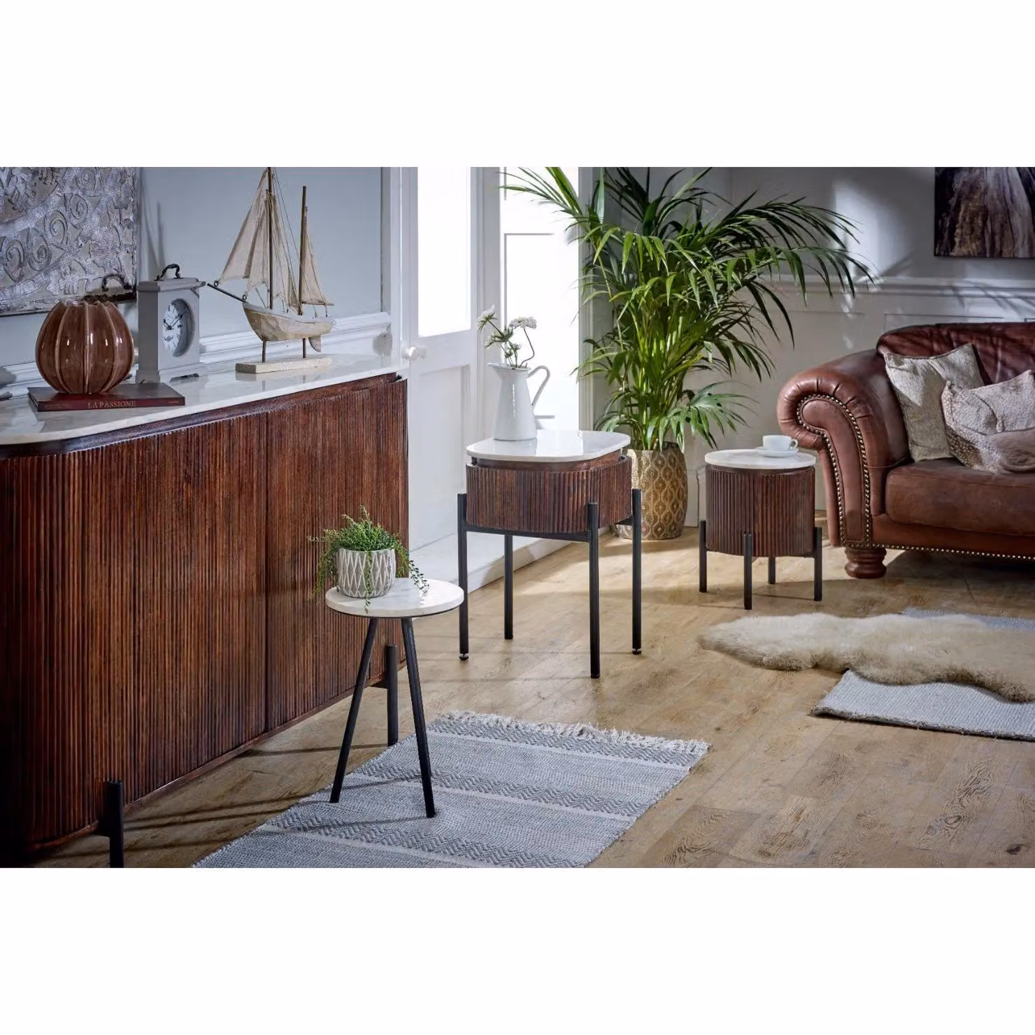 IH Design Tilden Mango Wood Sideboard and Drinks Cabinet with Marble Top and Metal Legs in White and Brown, W/D/H: 100 x 40 x 90 cm – 2