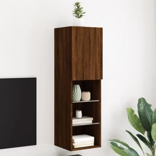 vidaXL Modern Floating TV Cabinet with LED Lights and Storage in Brown Oak