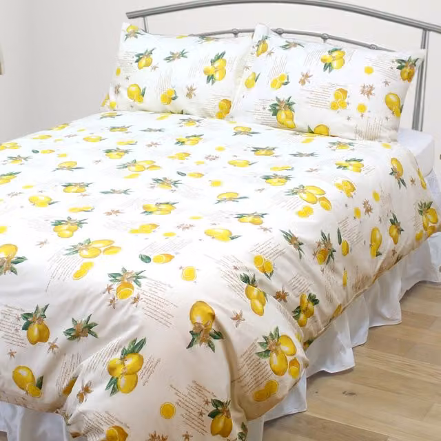 Kitchenwise Lemons Floral Duvet Cover and Pillowcase Set in Yellow, Green and White, W/D/H: 90 x 200 cm and 50 x 75 cm