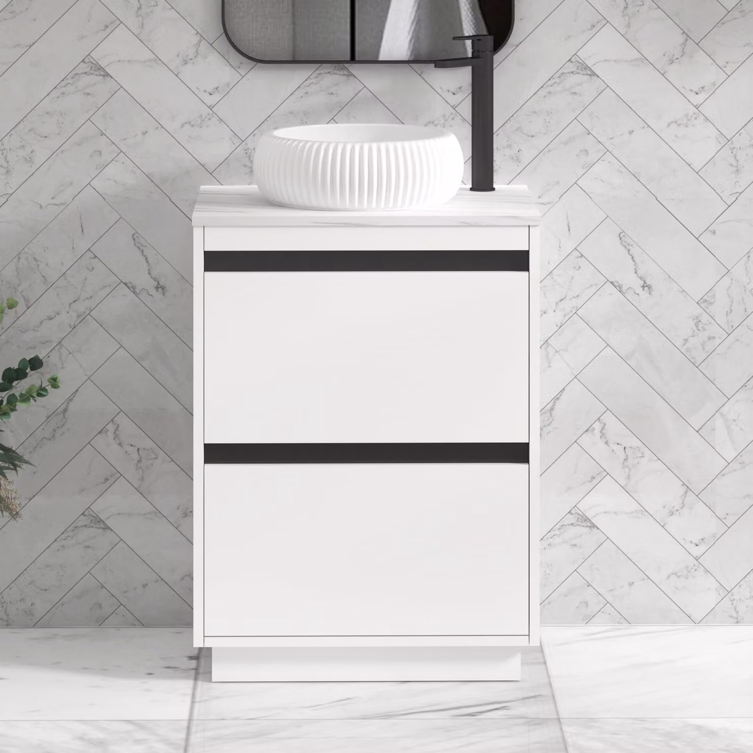 Royal Bathrooms Orion 800mm Matt White Floor Standing 2 Drawer Vanity Unit with Milan Basin and Black Accent Trim