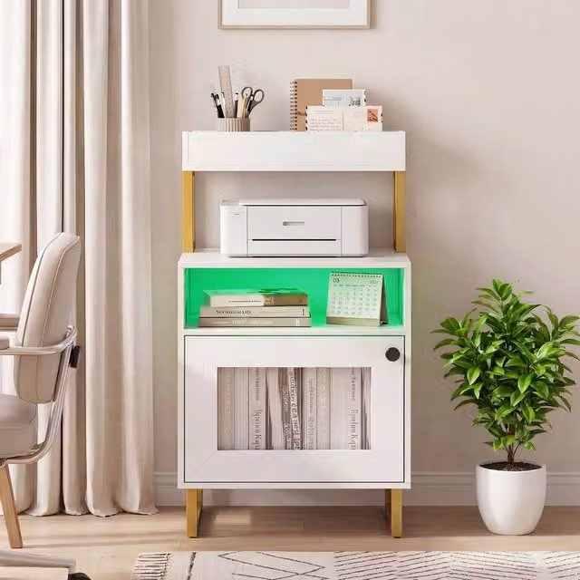 FORGEVIO Modern White End Table with Open Compartment Storage Cabinet and Integrated Lighting – 1