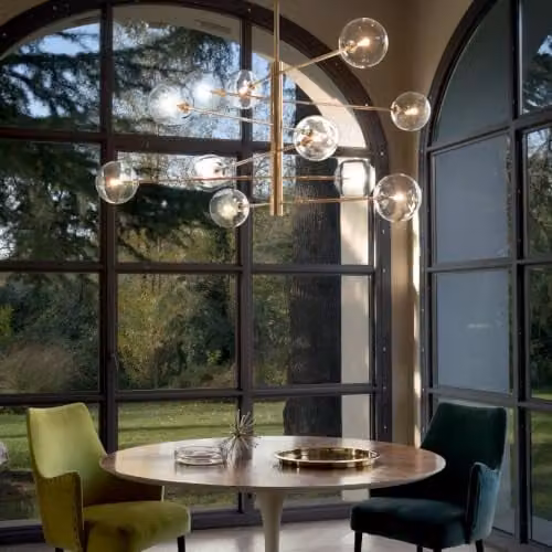 Ideal Lux Equinoxe 12 Light Multi Arm Pendant Ceiling Light in Grey and Gold/Brass with Glass Spheres