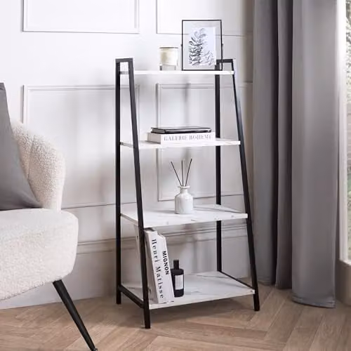 OHS 4 Tier Ladder Shelving Unit in White with Wood and Metal Finish, W/D/H: 90 x 43 x 30 cm – 1