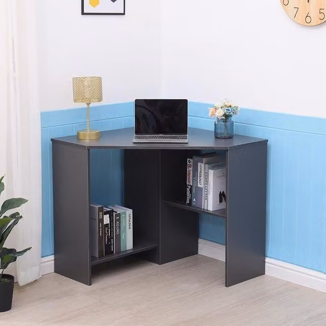 Home Source Wellington Compact Corner Office Computer Desk with Storage Shelves in Grey – 1