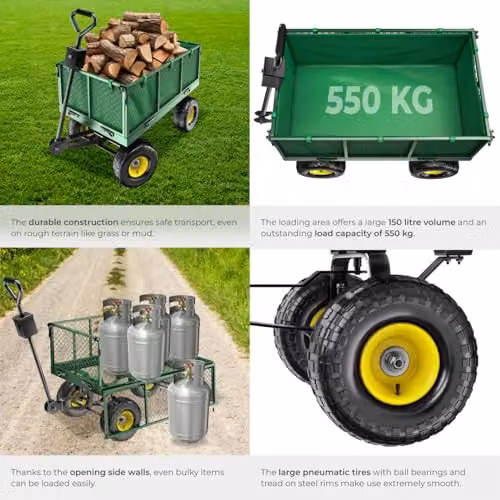 tectake Heavy Duty Utility Cart and Garden Trolley XXL in Green with Padded Handle and 550kg Load Capacity – 5