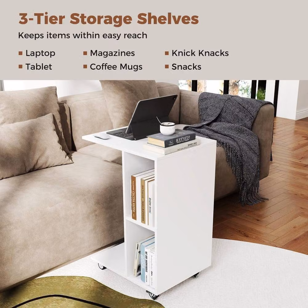 FORGEVIO C-Shaped Mobile Bedside Table in White with Castors for Living Room and Bedroom – 4