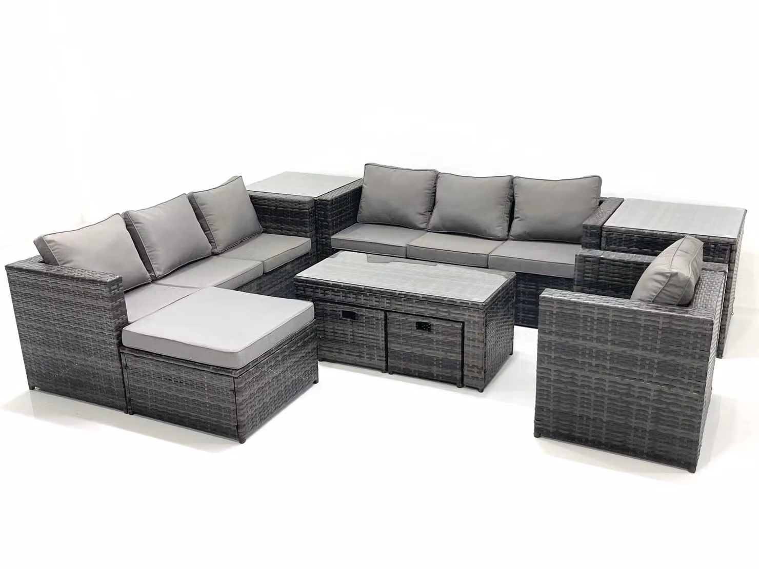 Fimous 10 Seater Rattan Garden Furniture Set in Dark Grey with Coffee Table, Armchairs, Footstools and Side Tables – 2
