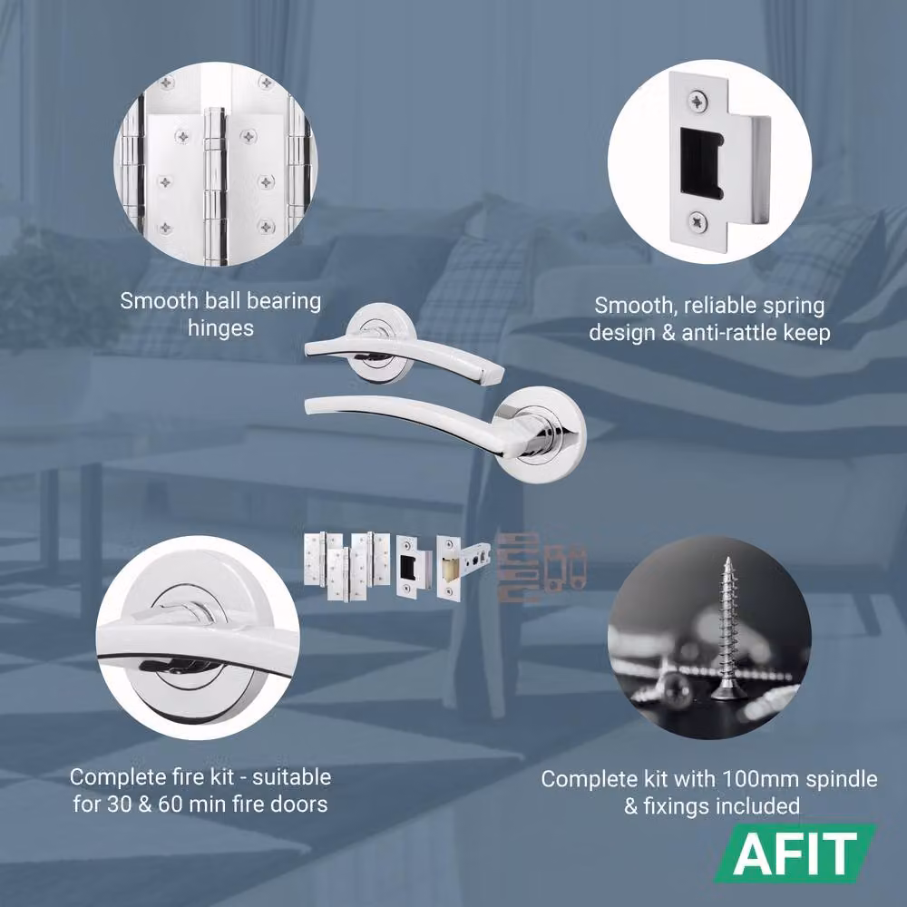 AFIT Polished Chrome Fire Door Handle Latch and Hinge Set, 4 Pack, Silver – 2