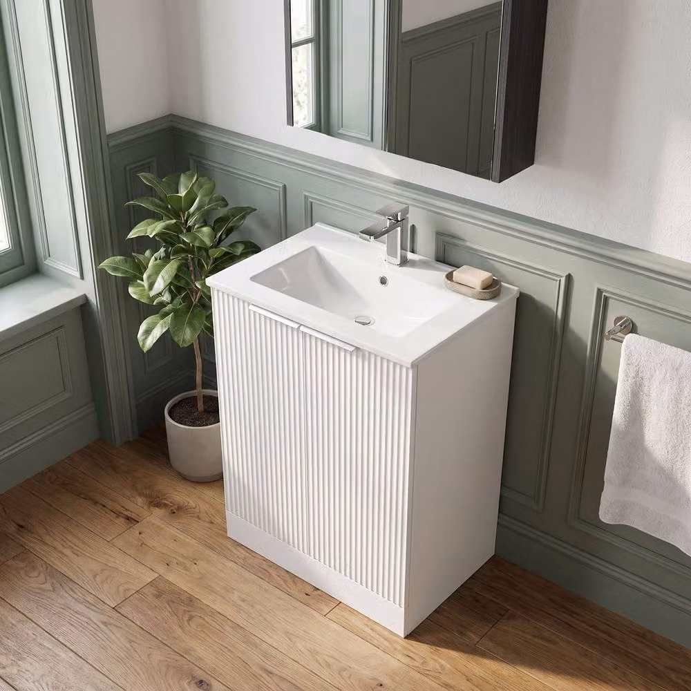 Balterley Tixall Fluted 2 Door Vanity Basin Unit, Satin White, W: 60 cm – 2