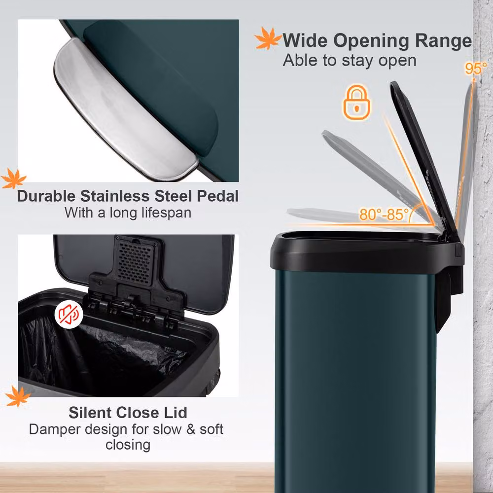 Gymax 50L Stainless Steel Corner Step Trash Can with Soft Close and Odour Filter in Dark Green – 6