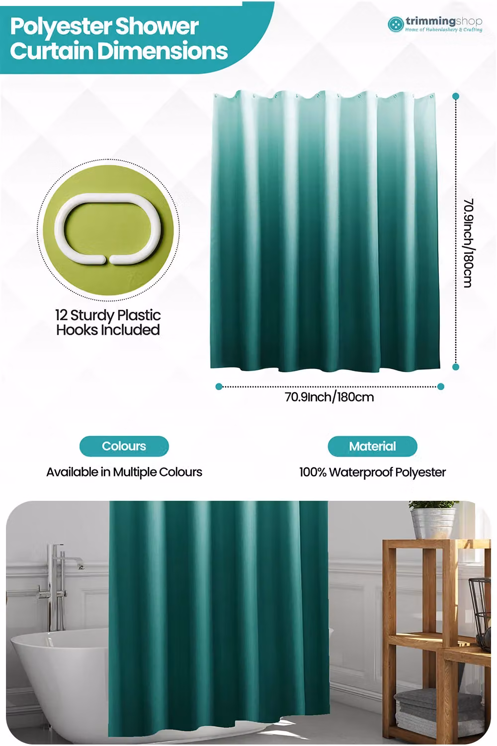 Neel Blue Gradient Colour Bathroom Shower Curtain in Blue and Green with 12 Hooks, Mould Resistant, W: 180 cm, H: 200 cm – 2
