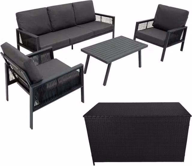 Monstershop 4 Piece Aluminium Sofa Set with Black Rattan Storage Box in Anthracite Grey – 1
