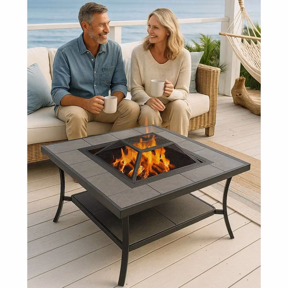 Centurion Supports SHANGO Multi-Functional Black Square Fire Pit Table with Ceramic Tiles – 6