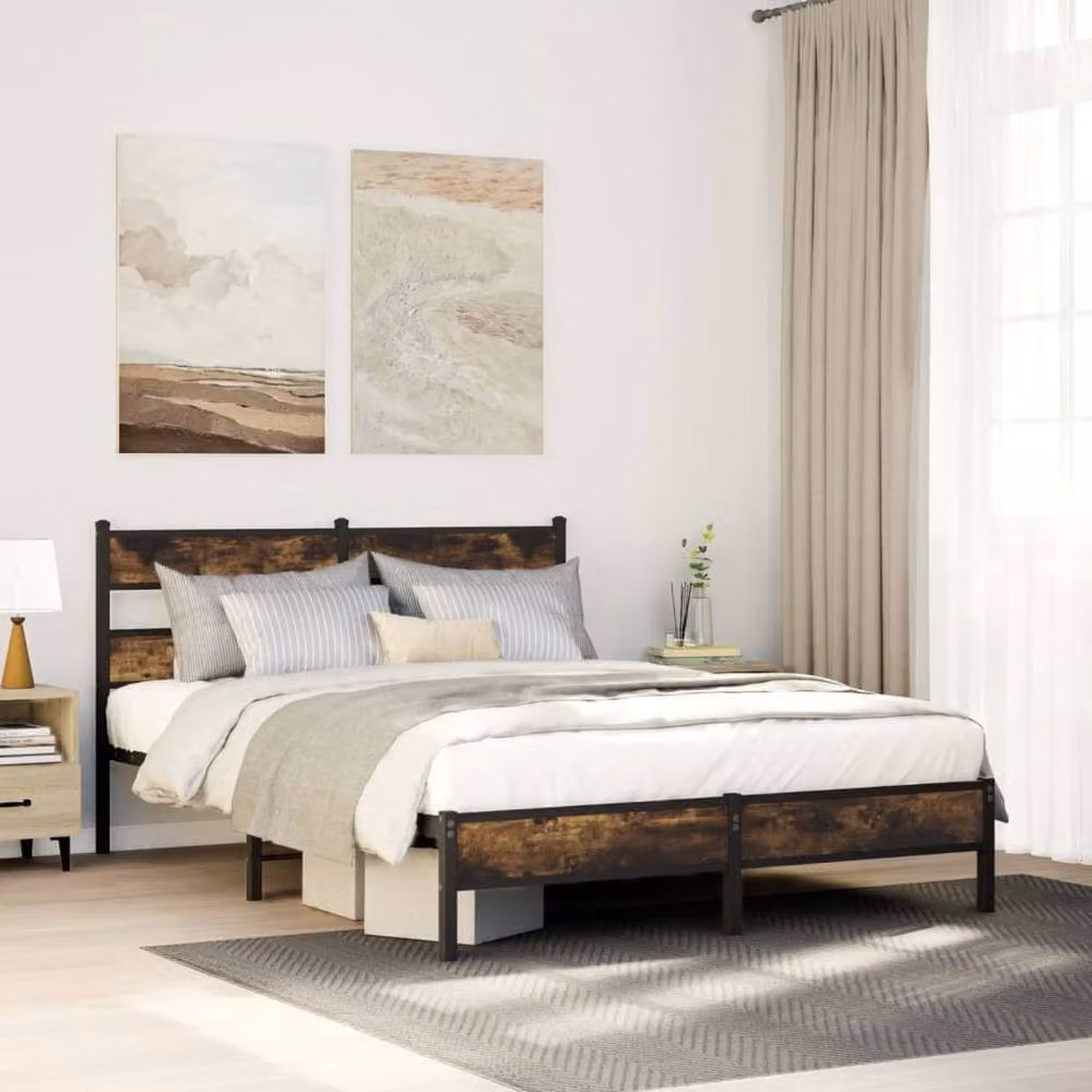 Berkfield Home Elegant Industrial Bed Frame in Smoked Oak and Metal, Brown, W/D/H: 100 x 200 x 91.5 cm – 2