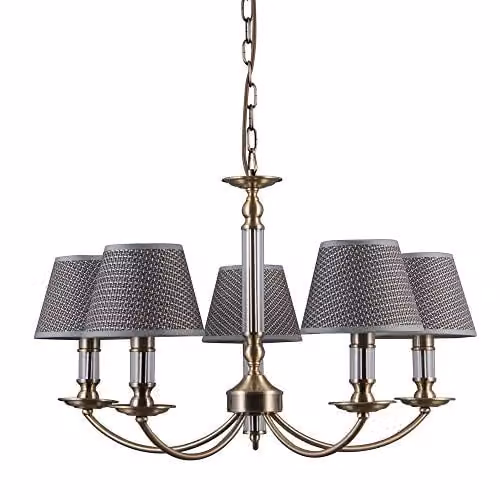 Netlighting Classic Hanging Pendant Light in Antique Bronze with Grey Fabric Shade, 5-Light E14