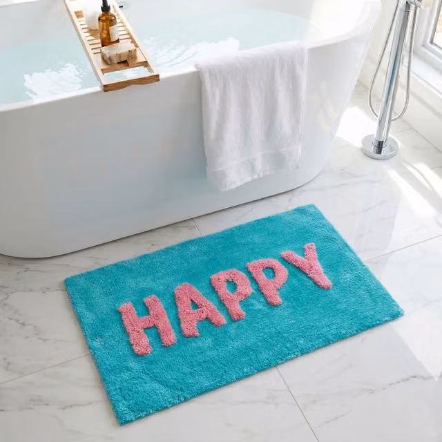 Mooky Mats Happy Slogan Non-Slip Bath Mat in Turquoise