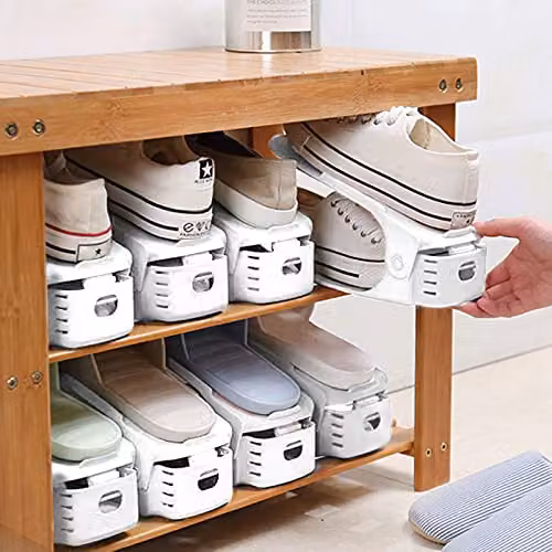 AMOS Pack of 10 Black Plastic Adjustable Space-Saving Shoe Storage Organiser Slots with 3-Level Height and Non-Slip Shelf Holder – 5