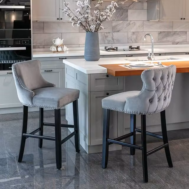 Modern Home Touch Set of 2 Grey Velvet Upholstered Bar Stools with Wood Legs – 1