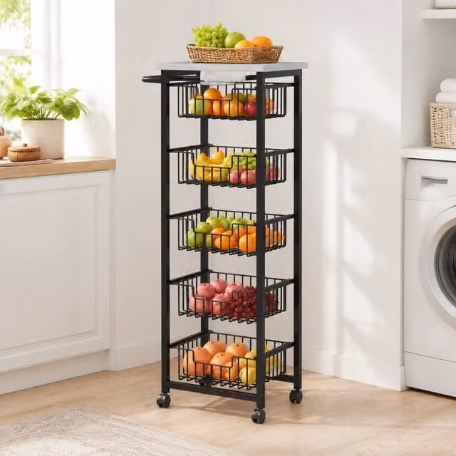 STILVORA Kitchen Trolley with 5 Baskets and Marble-Effect Top in Black, W/D/H: 76.0 x 49.5 x 111.0 cm – 1